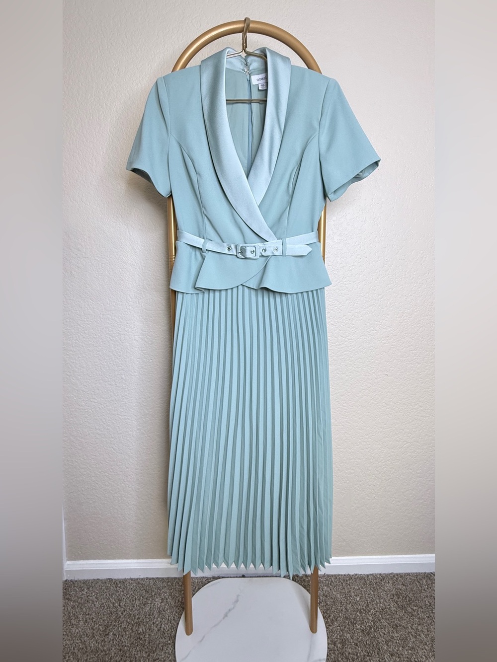 Coast Sage Pleated Midi Dress with Shawl Collar and Belt
